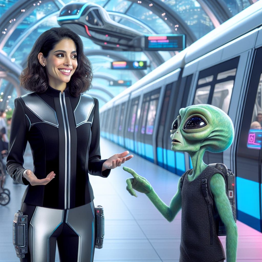 A futuristic sci-fi scene of an alien trying to get home.