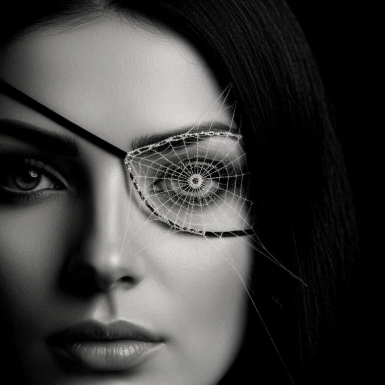 Close-up black and white photograph of a woman wearing an eyepatch made of spiderweb