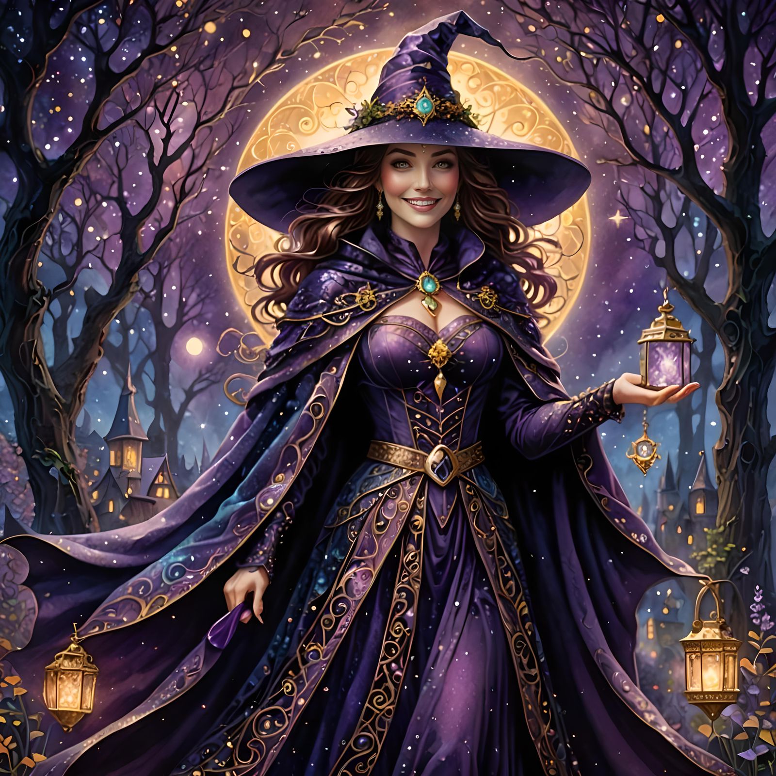 A smiling Enchanted Witch wearing a cloak with fine jewelry,...