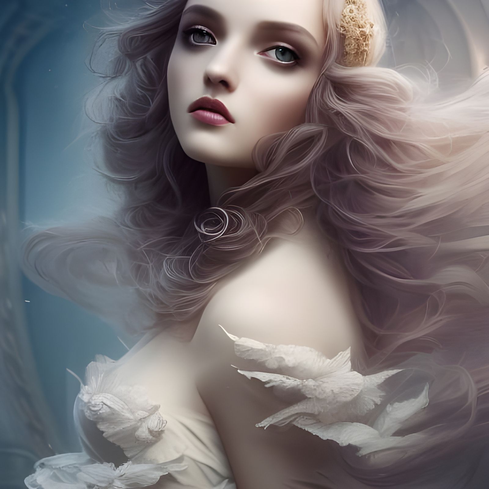 beautiful woman, porcelain skin, dressed in an intricate bal...