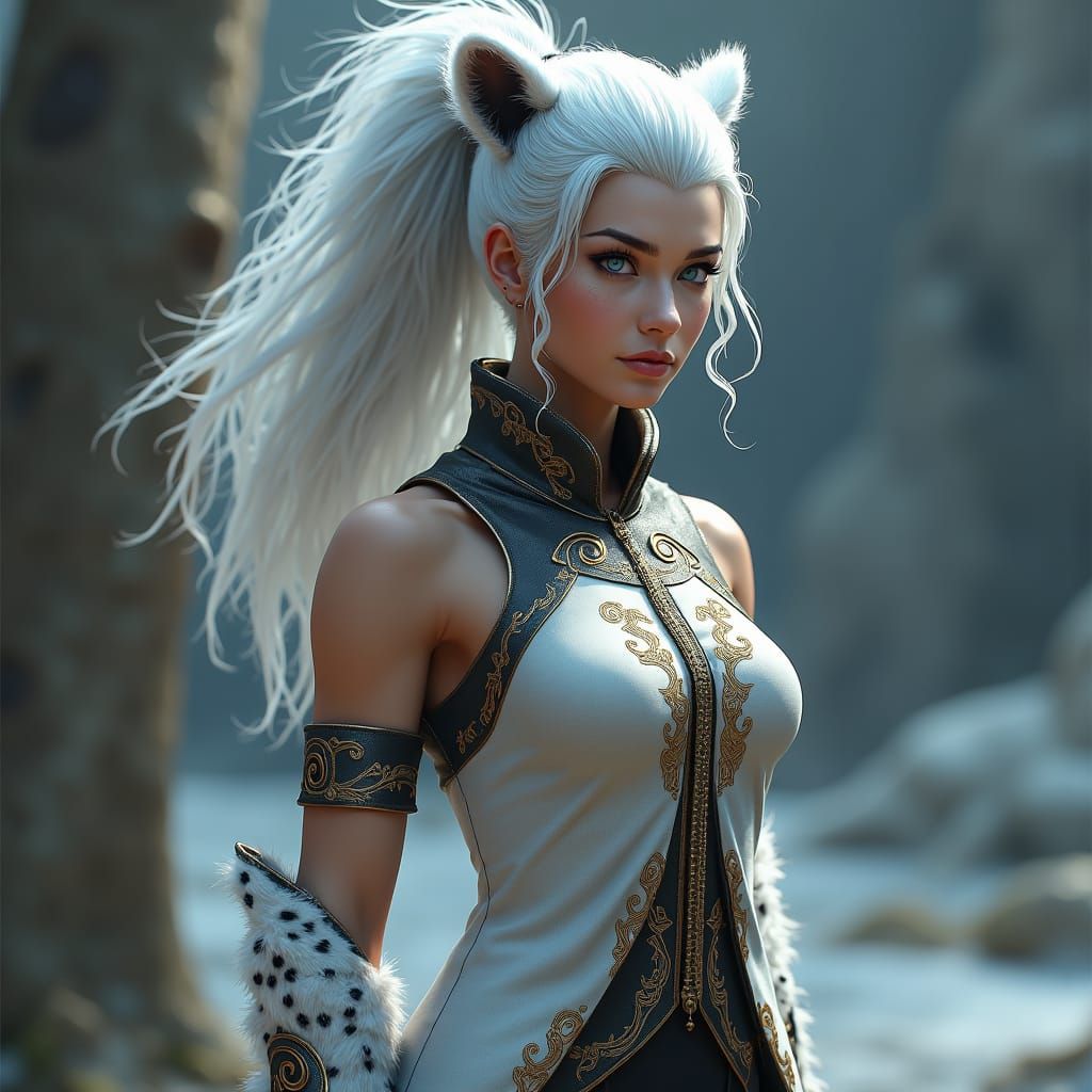 Woman with silver hair in a wild ponytail and silver blue eyes like a snow leopard. She has round furry ears like a snow leopard including s...