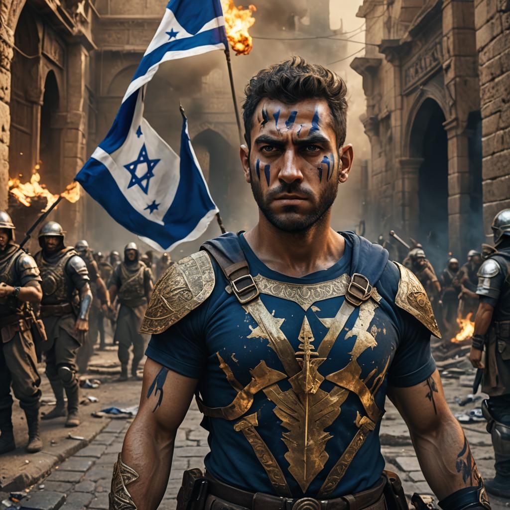 Israeli Flag Man Confronts Attackers: Matte Painting