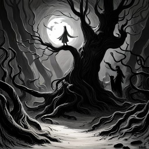 haunted  tree in forest horror Gustave Doré Greg Rutkowski
