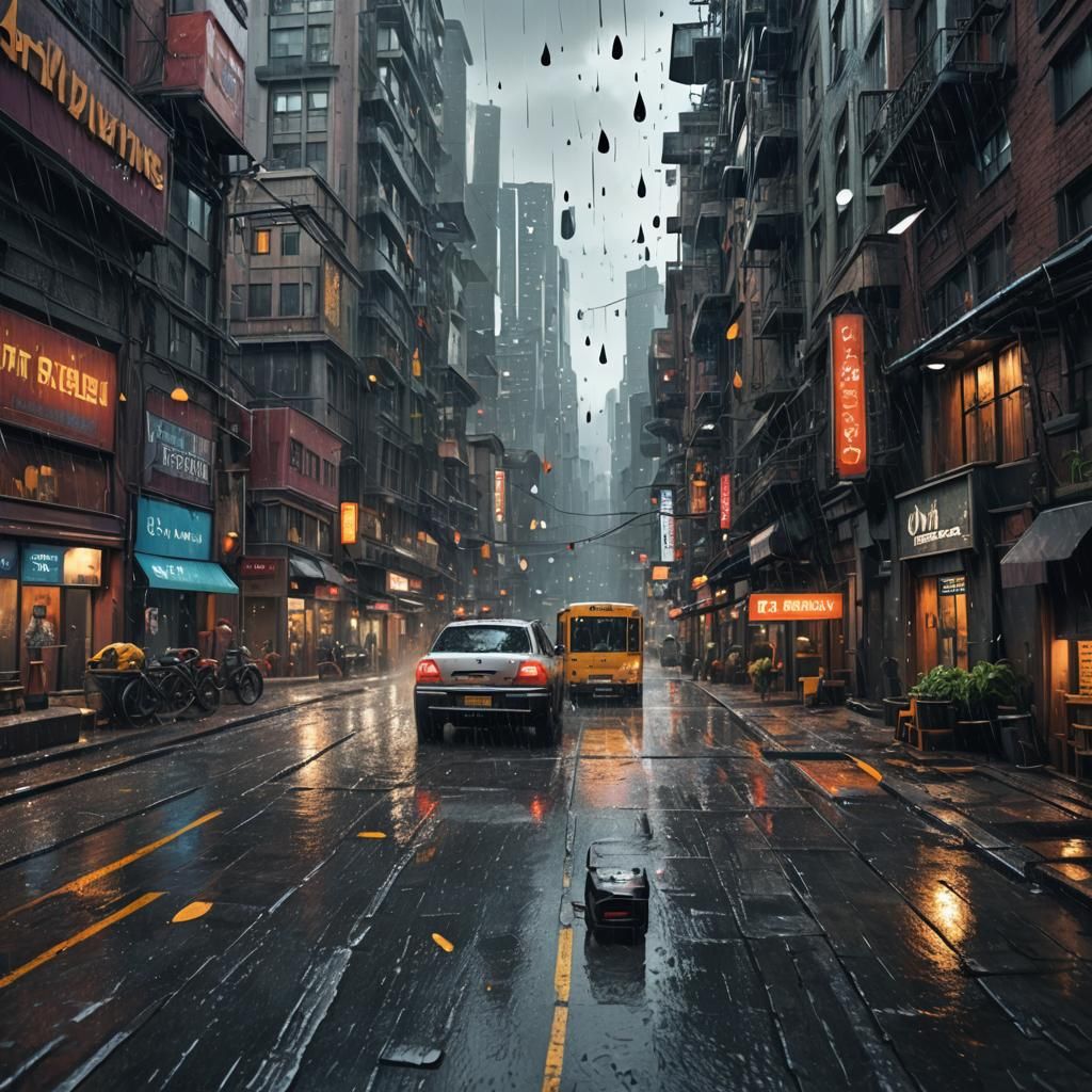 tear sized rain drops in a City
