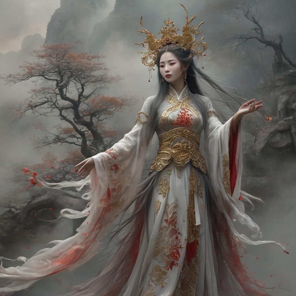 A surreal image of an chines deity, whole body, unearthly beauty, with a very long ash gray hair, gold ...  by @amrellin