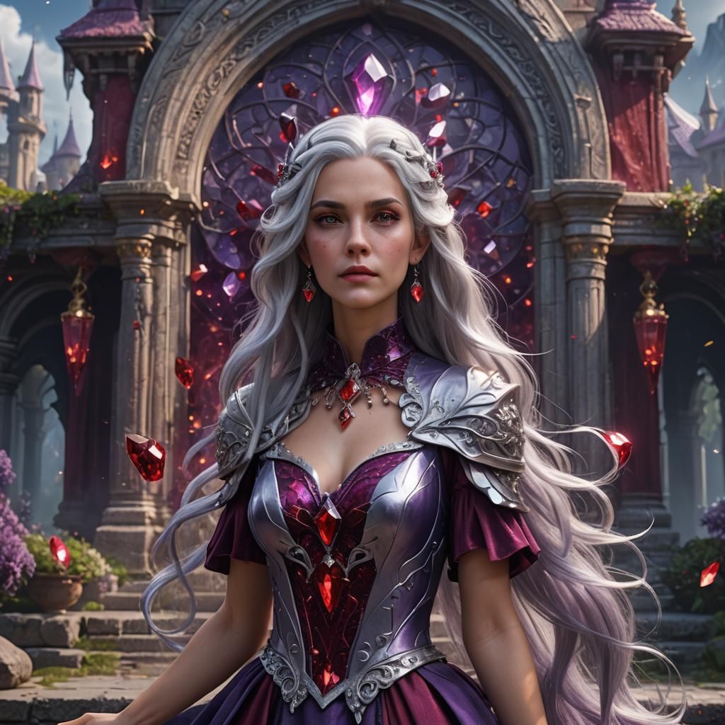 silver hair purple dress red crystal magic