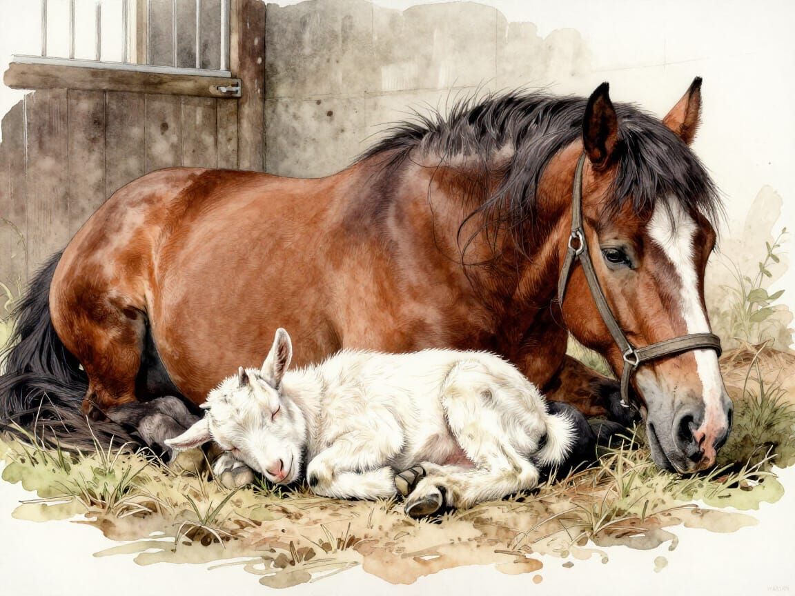 Horse and baby goat at rest  by @Staircase Flash