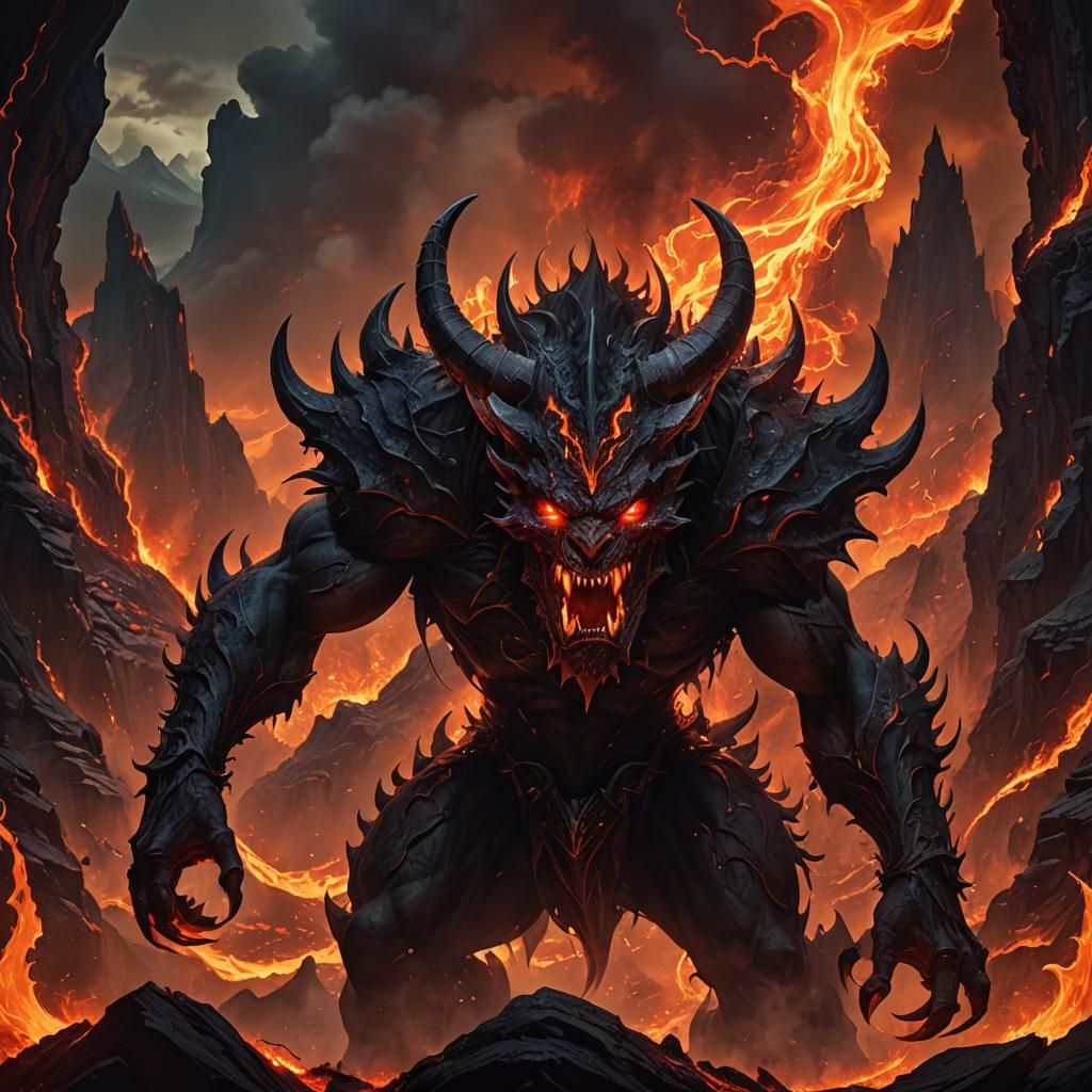 High fantasy epic dark fiery demon, glowing red eyes, toothy snarl, dark scenic fiery background, high detail, high quality, correct anatomy...
