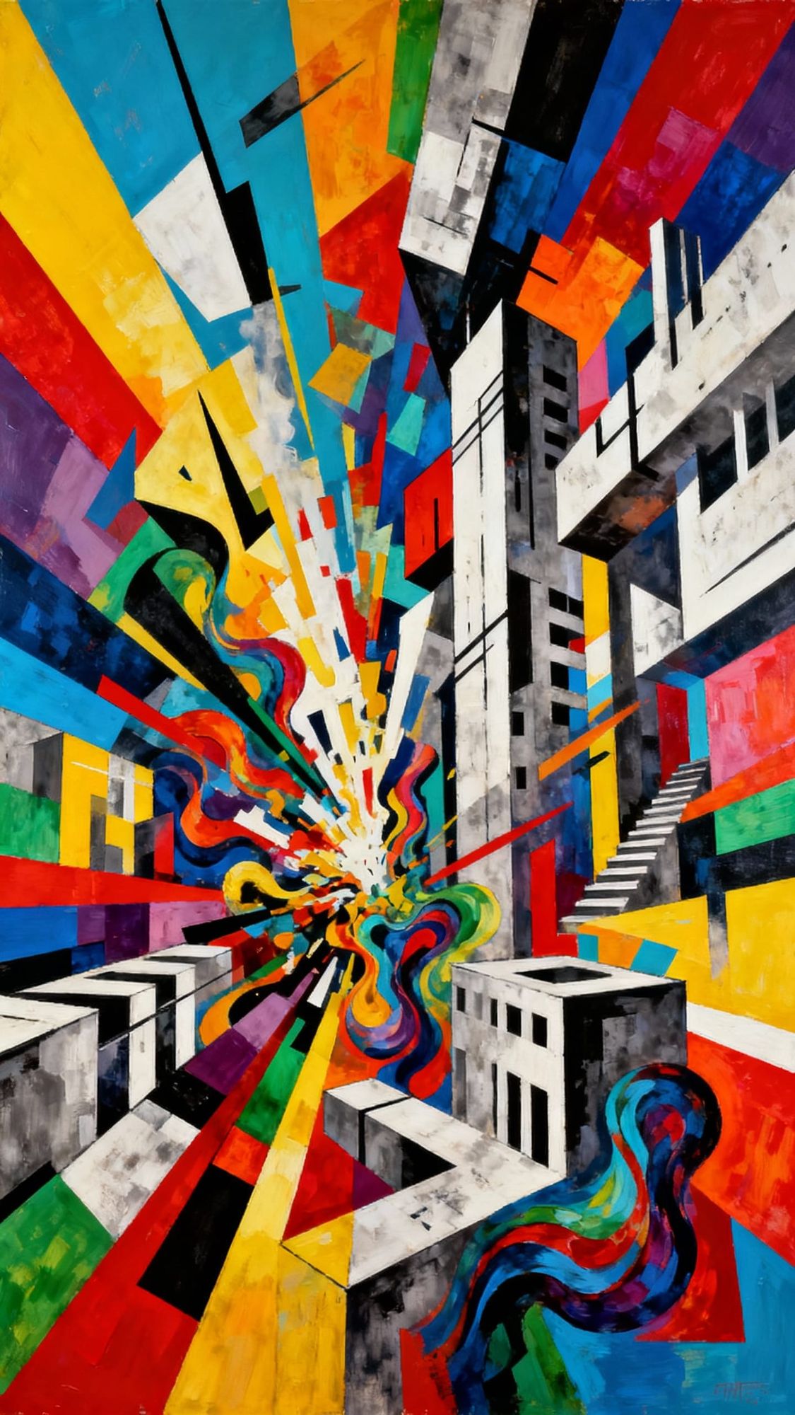 An abstract representation of 'madness' as a vibrant, chaotic explosion of geometric shapes and clashing colors. Sharp lines intersect with ...