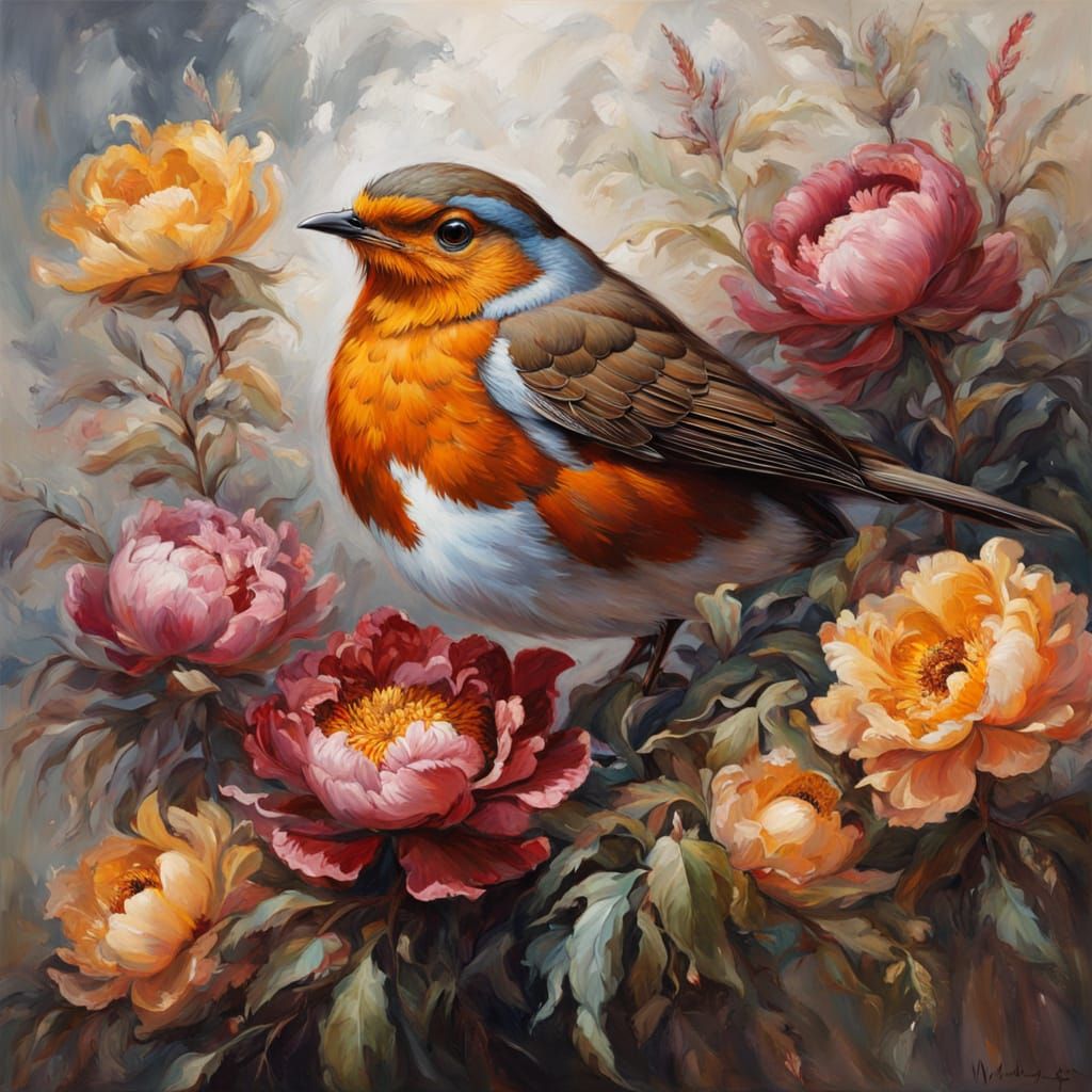 Robin and Peonies  by @Jean