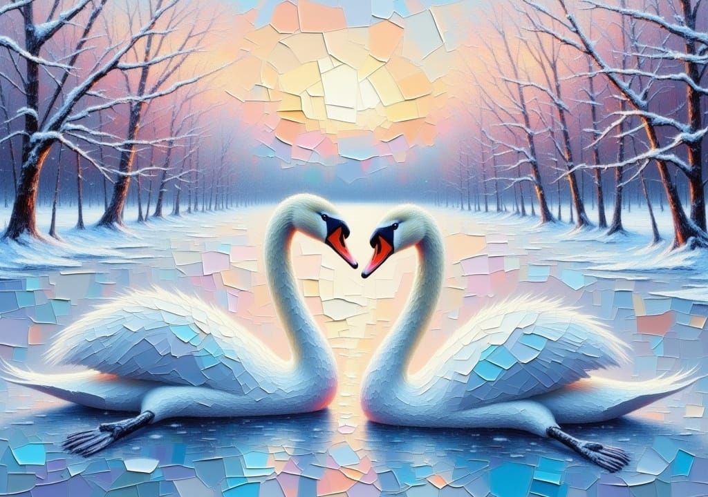 Expressionist impasto close-up painting from a low angle of a couple of beautiful elegant and graceful white Mute Swans on a Frozen Lake in...