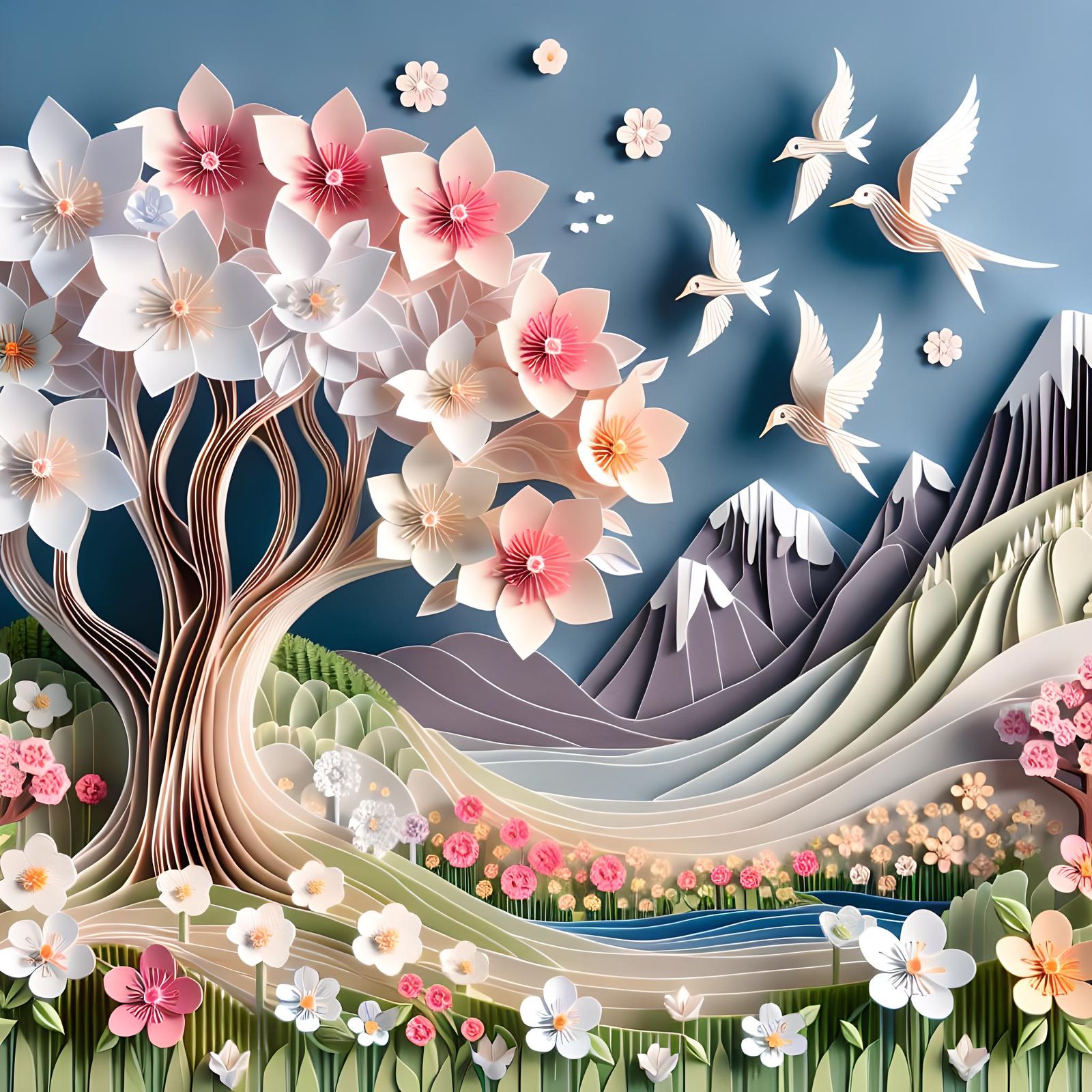 A cherry tree with flowers and birds flying around. Kirigami