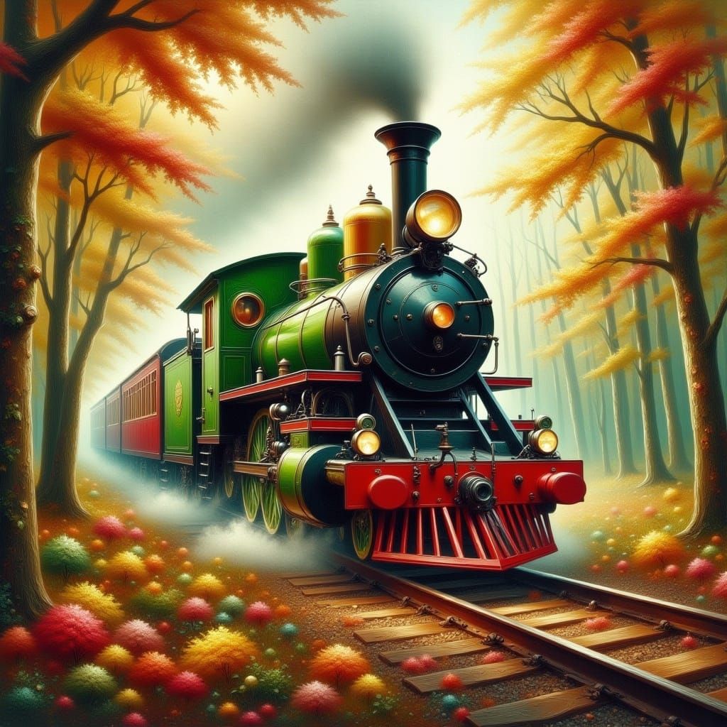 <lora:Oil-HD 2 Flux:1.0> antique locomotive in a magical forest gritty grunge antique watercolor style with a touch of Impasto 