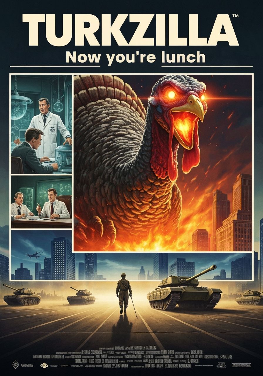 Movie poster art Retrofuturism and a touch of vintage sci-fi from the 1960s
At the top the title with the words "TURKZILLA" and the Subtitle...