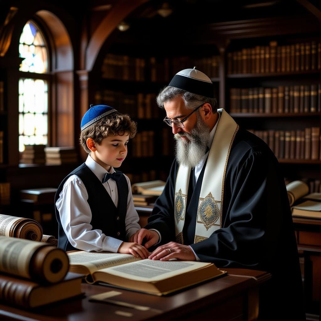 Orthodox Boy Assists Rabbi in Study