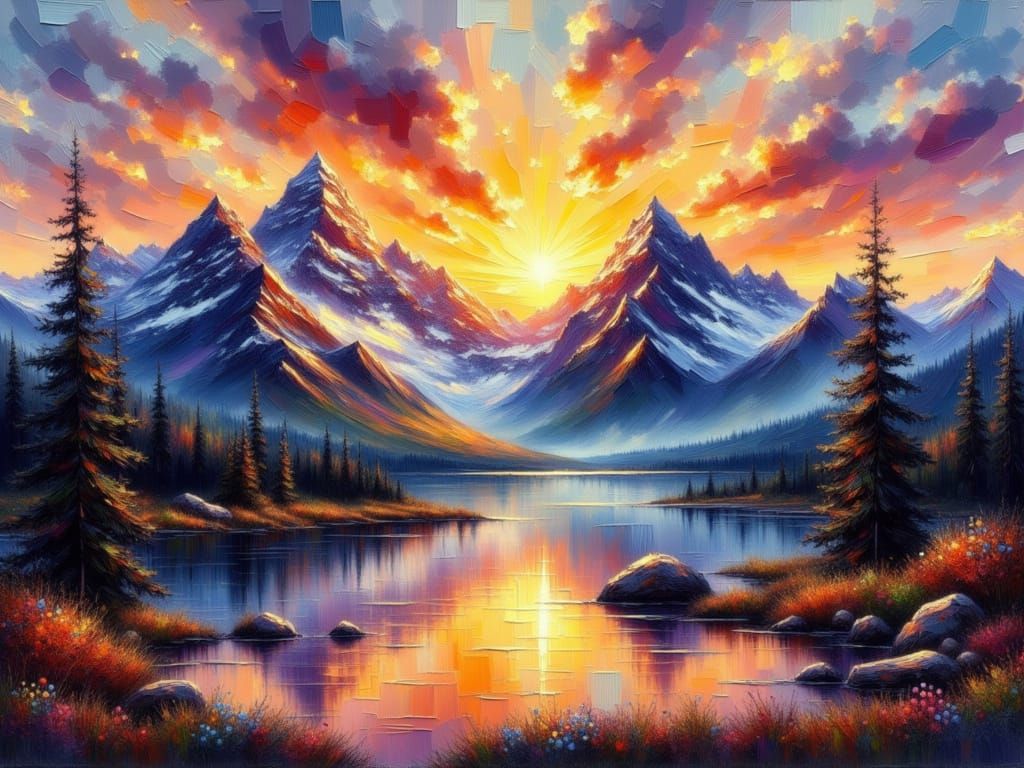 <lora:HRH-oil-and-grunge:1.0> Oil and watercolour, rocky mountain sunset, landscape hyper detailed , grunge