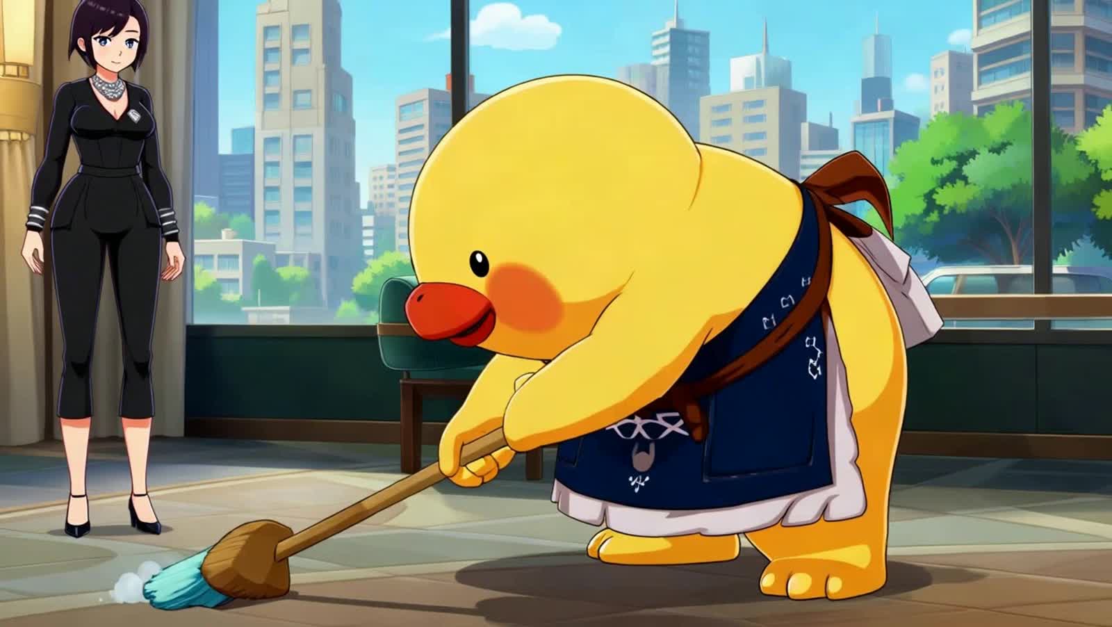 a cute yellow monster with a red mouth and black eyes, wearing an apron and cleaning the floor in front of them. on the ...