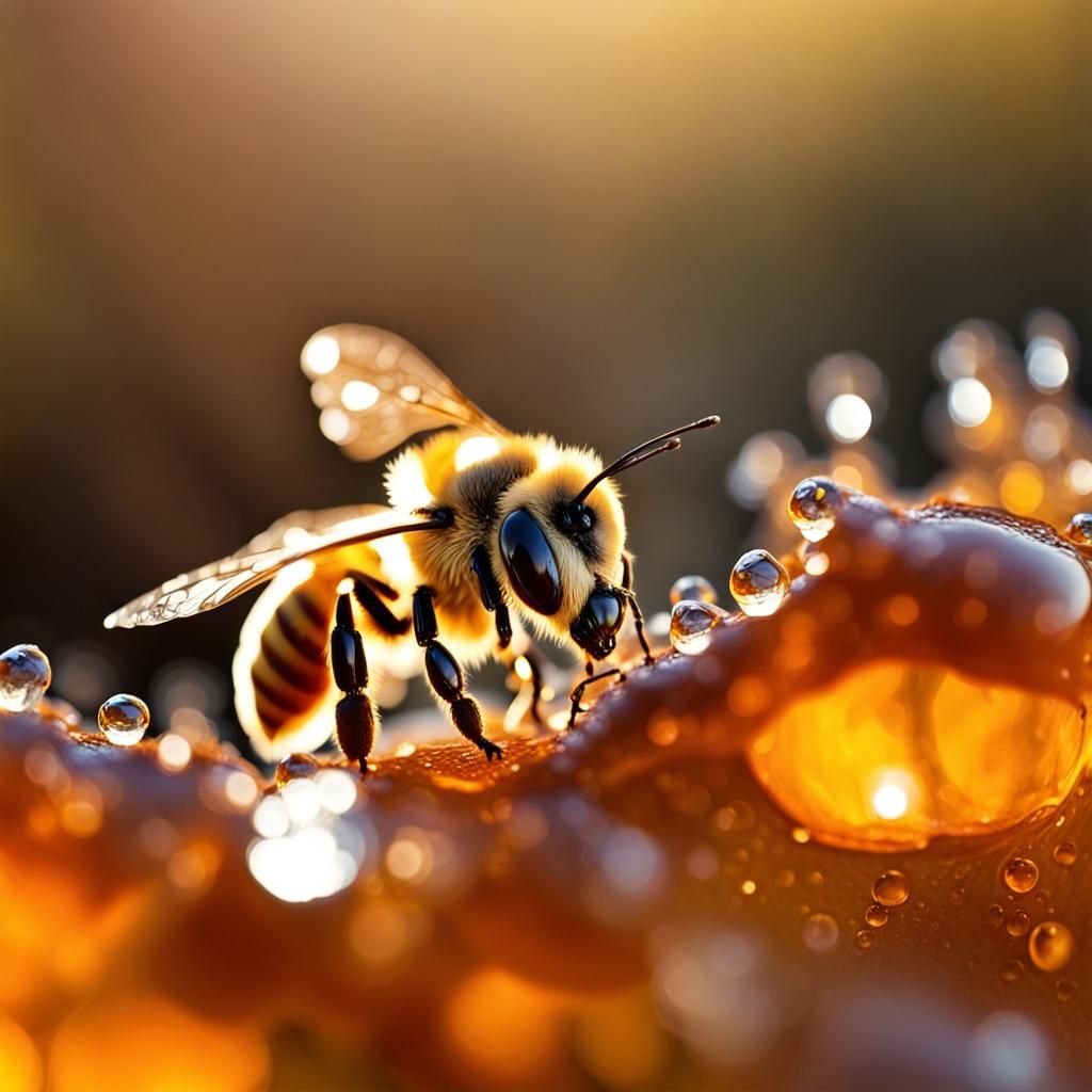 Close-up macro photography of a bee drinking honey. Dew drops reflect ...