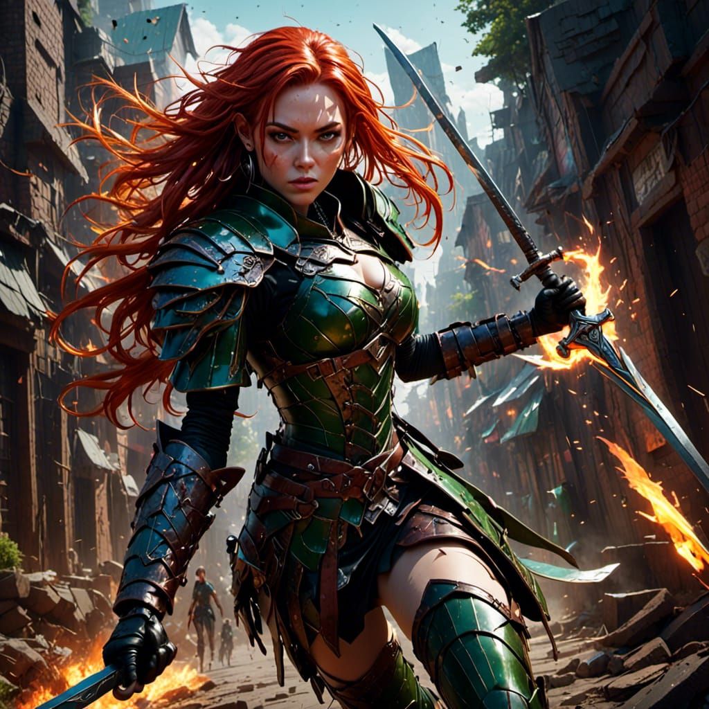 <lora:Indomitable:1.0> <lora:CUD:1.0> <lora:DWC:1.0> Stunning female elven ranger with wild red hair, swordmaster, green leather armour, dra...