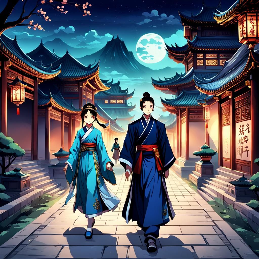 (ancient china) a (beautiful princess) and a handsome prince walking on a path in the palace at night
 Masterpiece, Best...