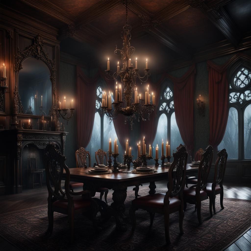 A creepy dining room in a gothic mansion. There is a long, wooden ...