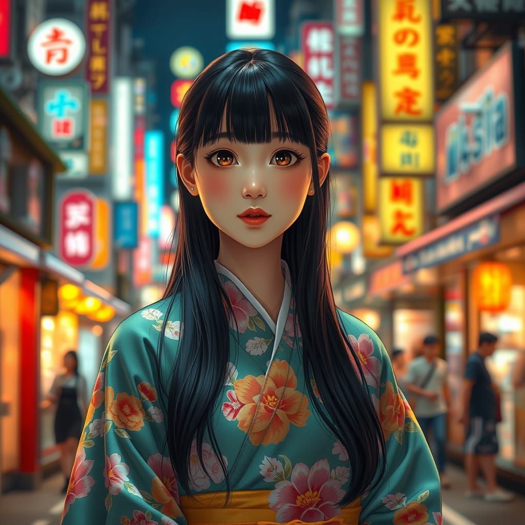Ethereal Tokyo Nightscape with Whimsical Kimono