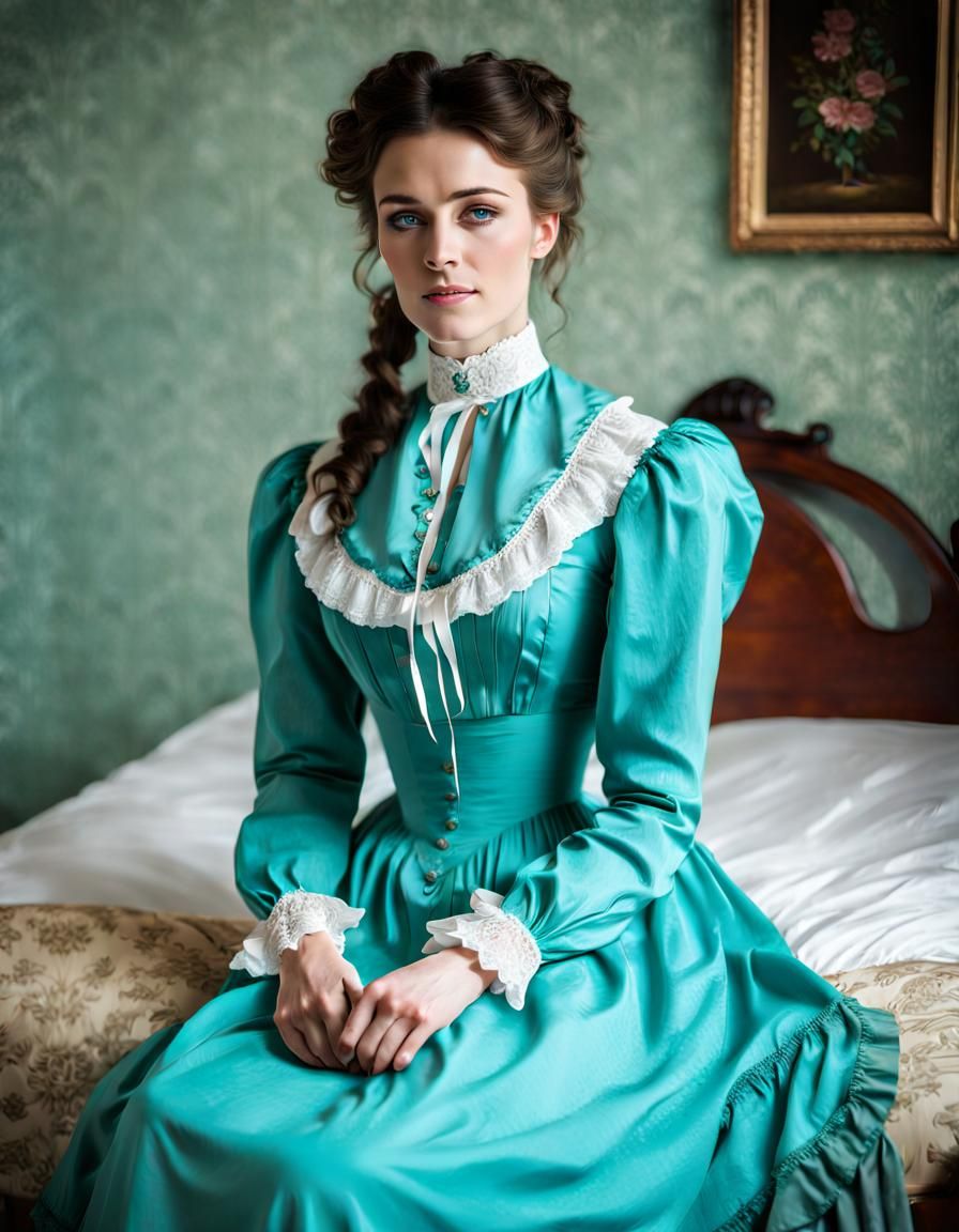 Beautiful young woman in a turquoise Victorian day dress sitting on her