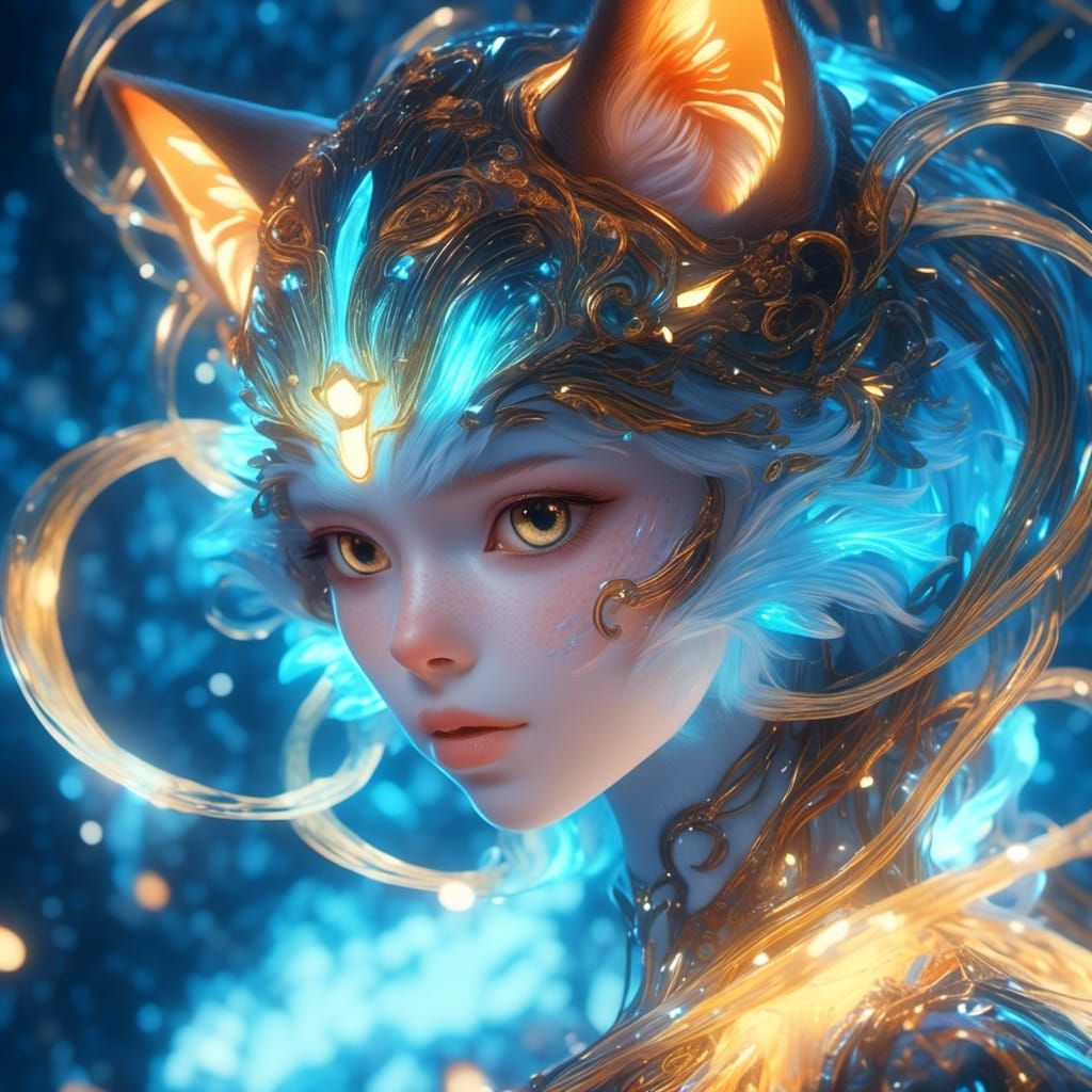 Bioluminescent Cat Face in Anime Realism