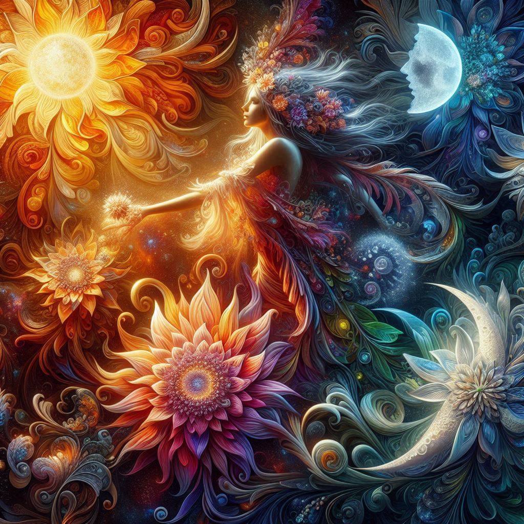 woman dances among vibrant flowers made from sun and moon el...