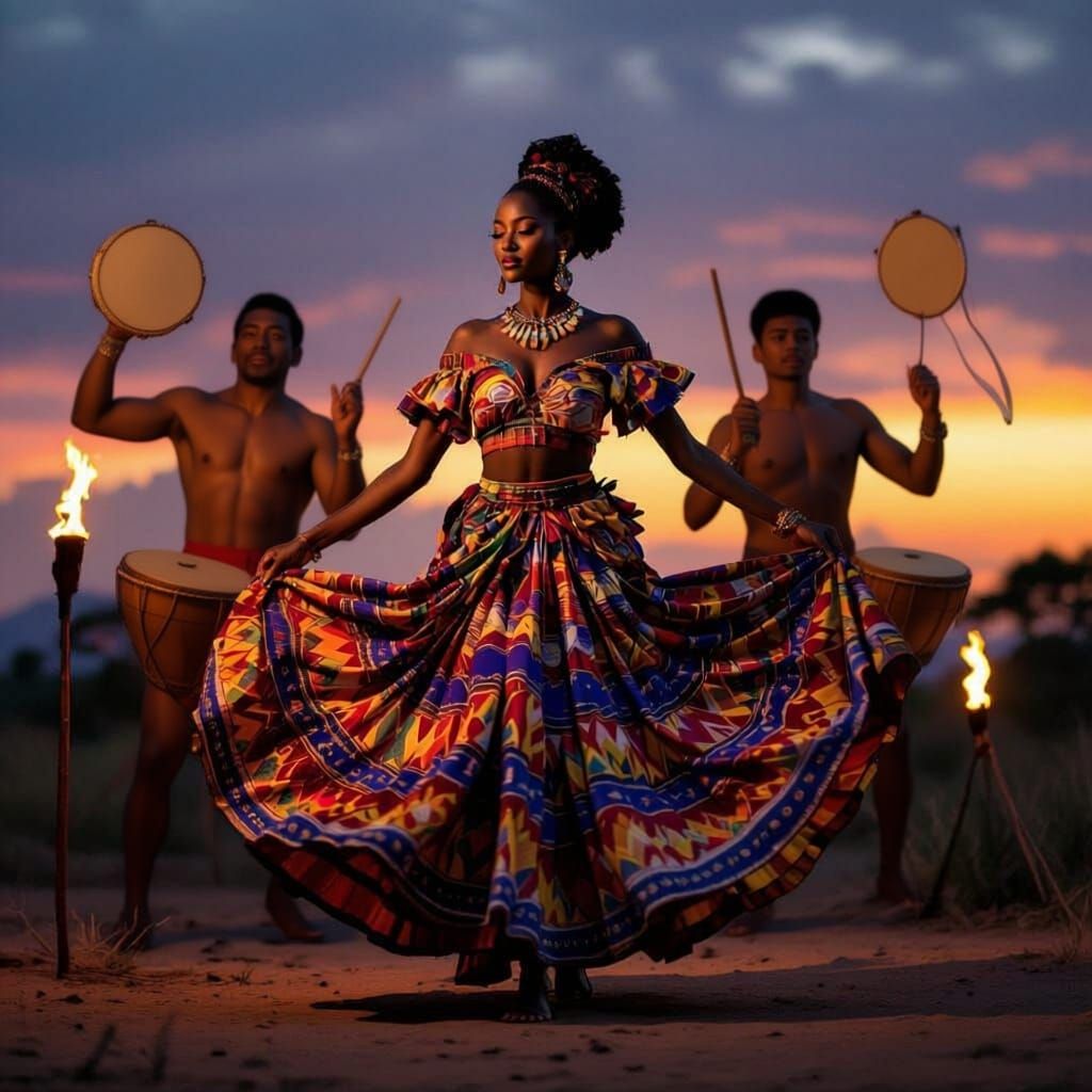 African Princess Dancing to Drum Rhythms in Traditional Atti...