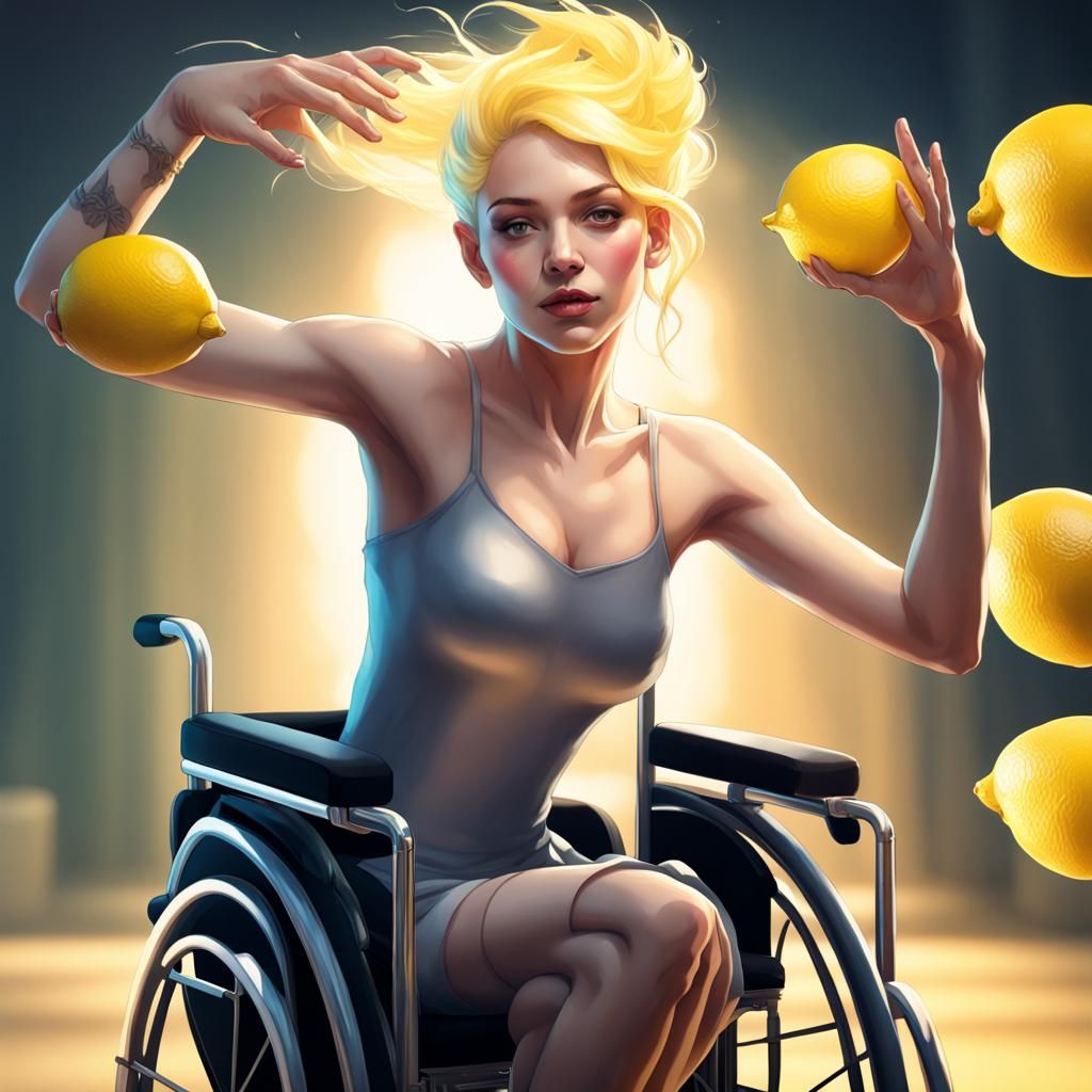 Ballerina with lemon hair in a wheelchair dancing
