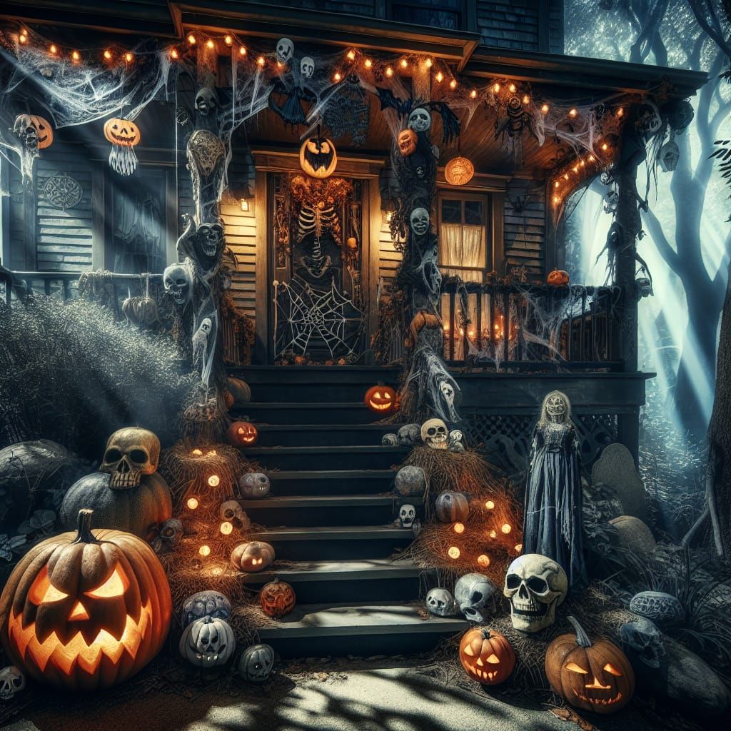 "carved pumpkin on porch with halloween decor. Home located in a dark sinister forest by a creek"   by @GoingJade