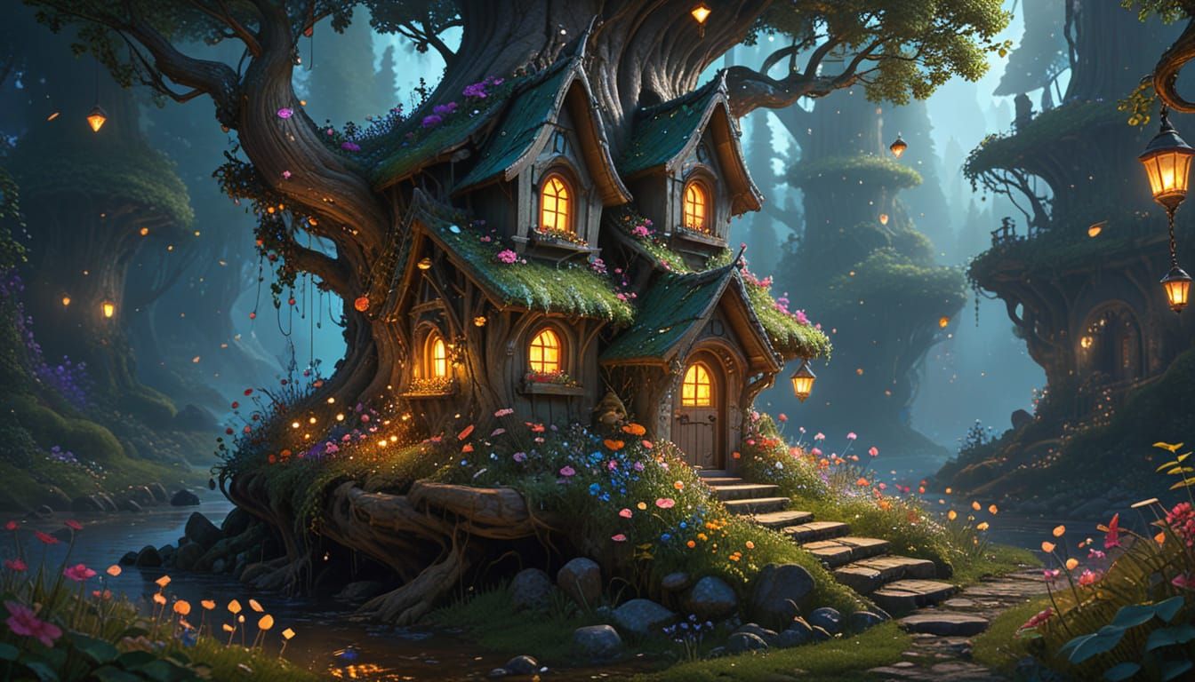 A magical gnome house built inside a massive ancient tree trunk, featuring three levels with warm glowing lights on each level. The house is...