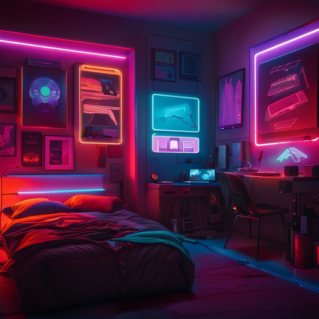 Ambiant lit cyberpunk bedroom - AI Generated Artwork - NightCafe Creator