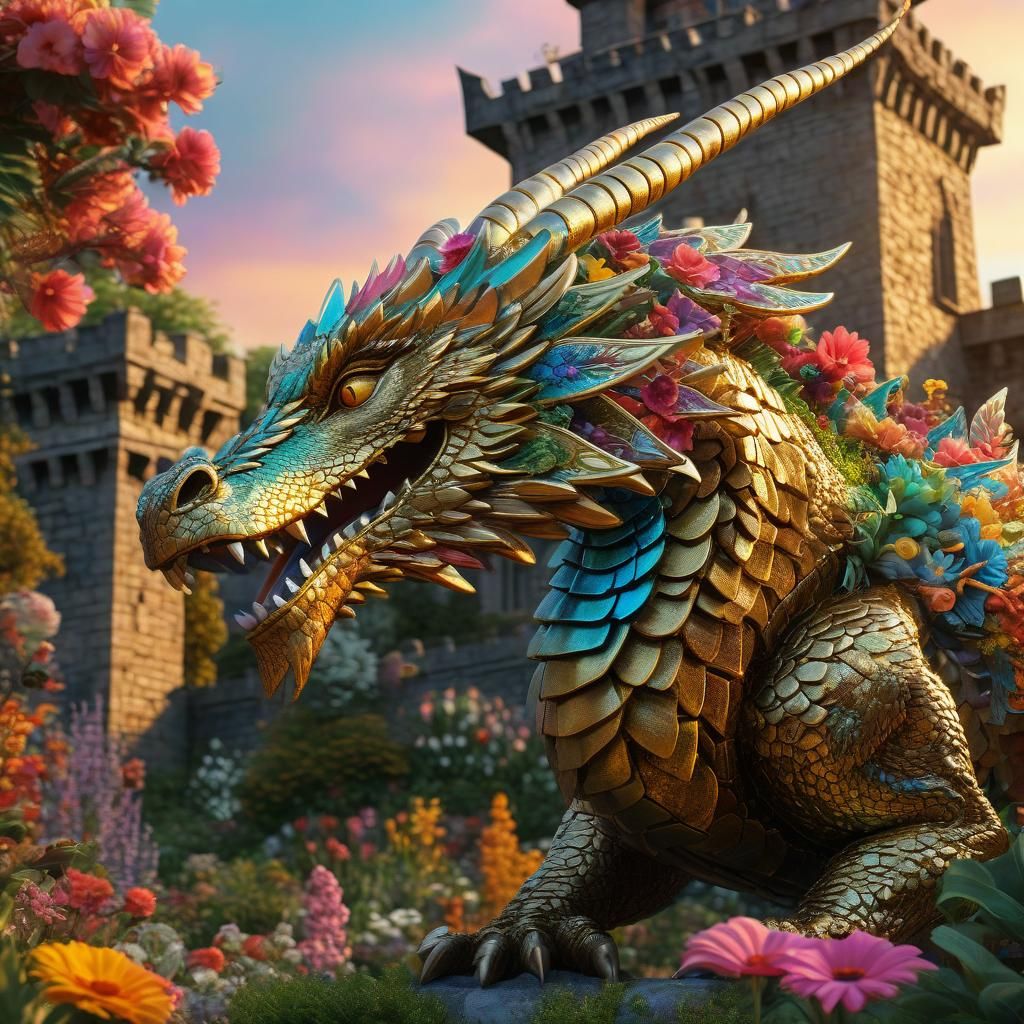 Quetzalcoatl dragon flys into colourful garden in front of a magestic castle , close up. 3D, Hyperrealistic, splash art, concept art, mid sh...