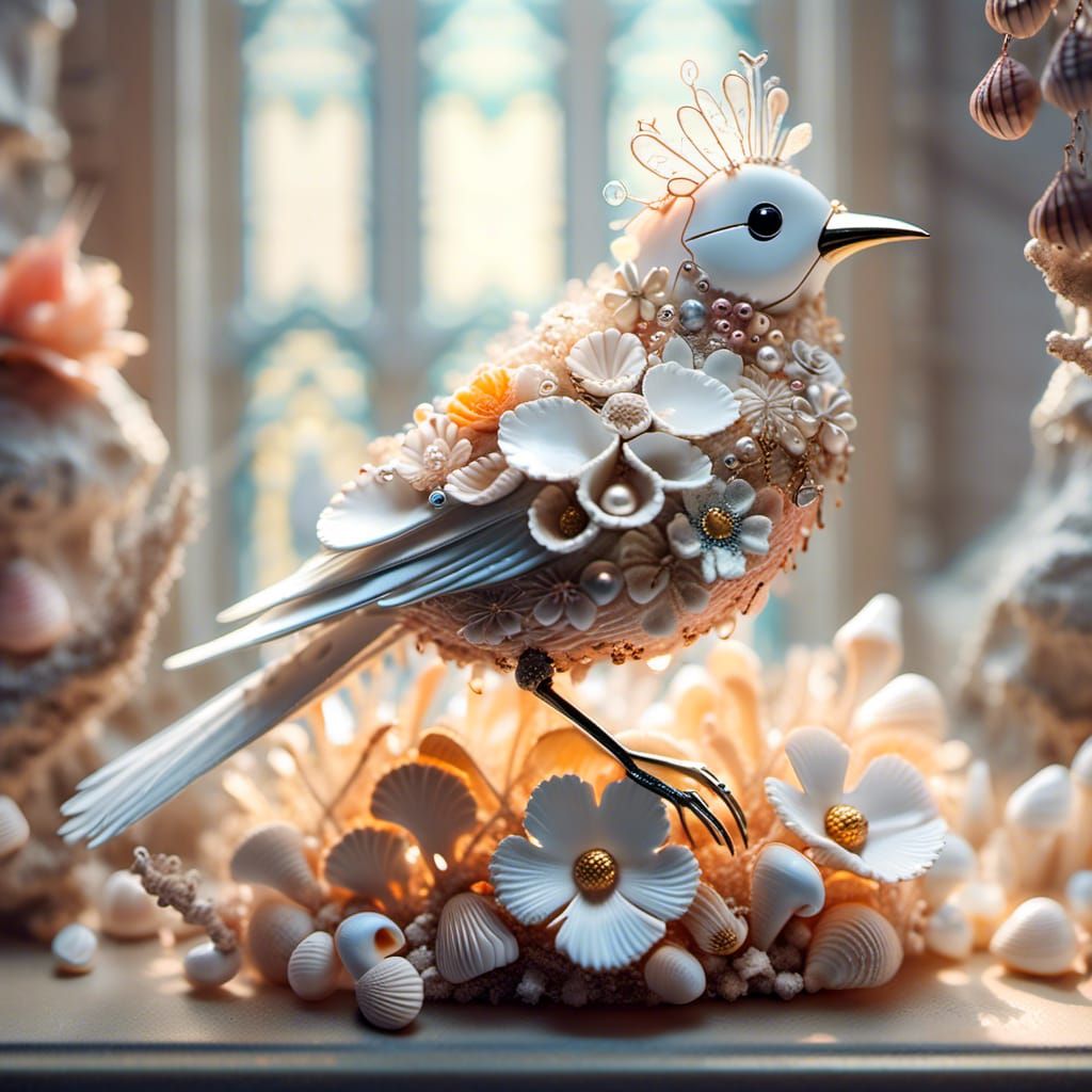 Insanely detailed hyper-realistic adorable beautiful bird made completely out of delicate intricate seashells on a seashell piece tree, surr...
