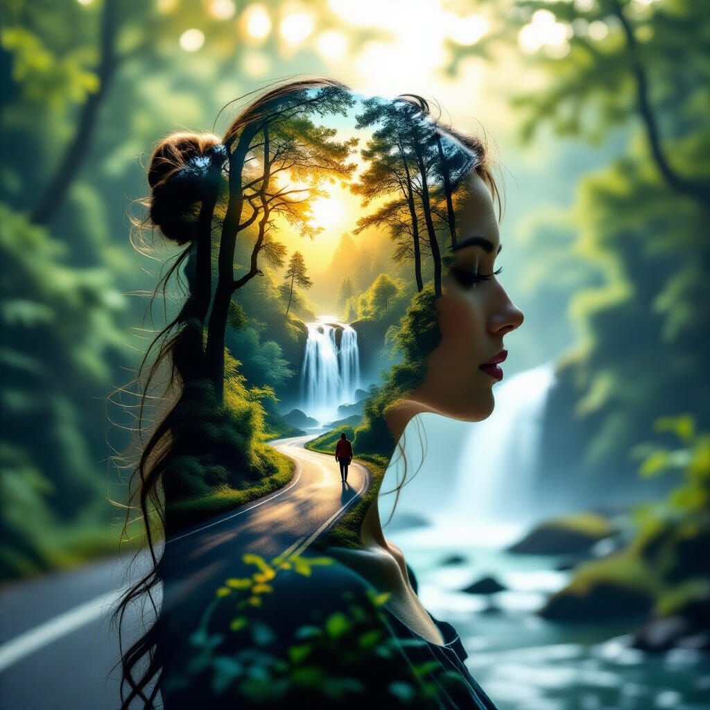 Woman's Silhouette Filled With Sunlit Forest and Waterfall