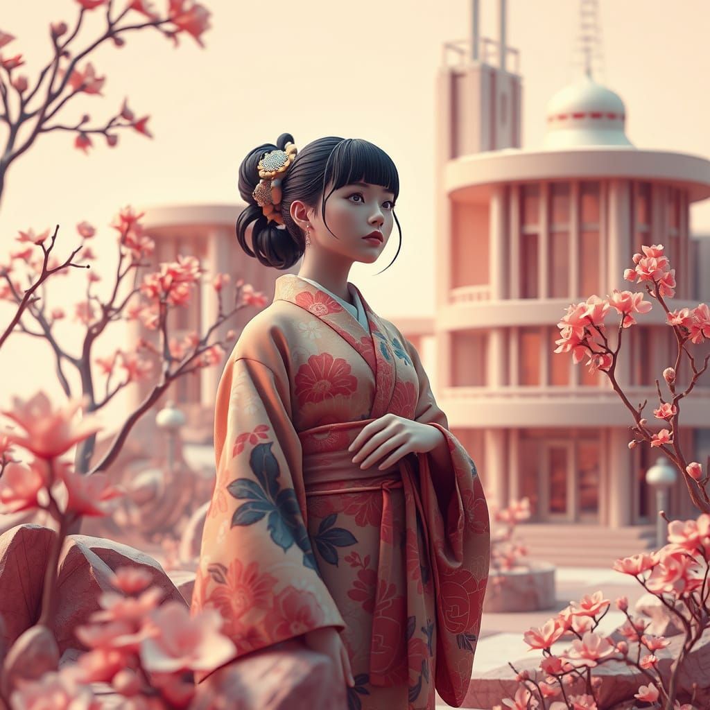 Vaporwave Kimono in Sepia-Toned 3D Scene