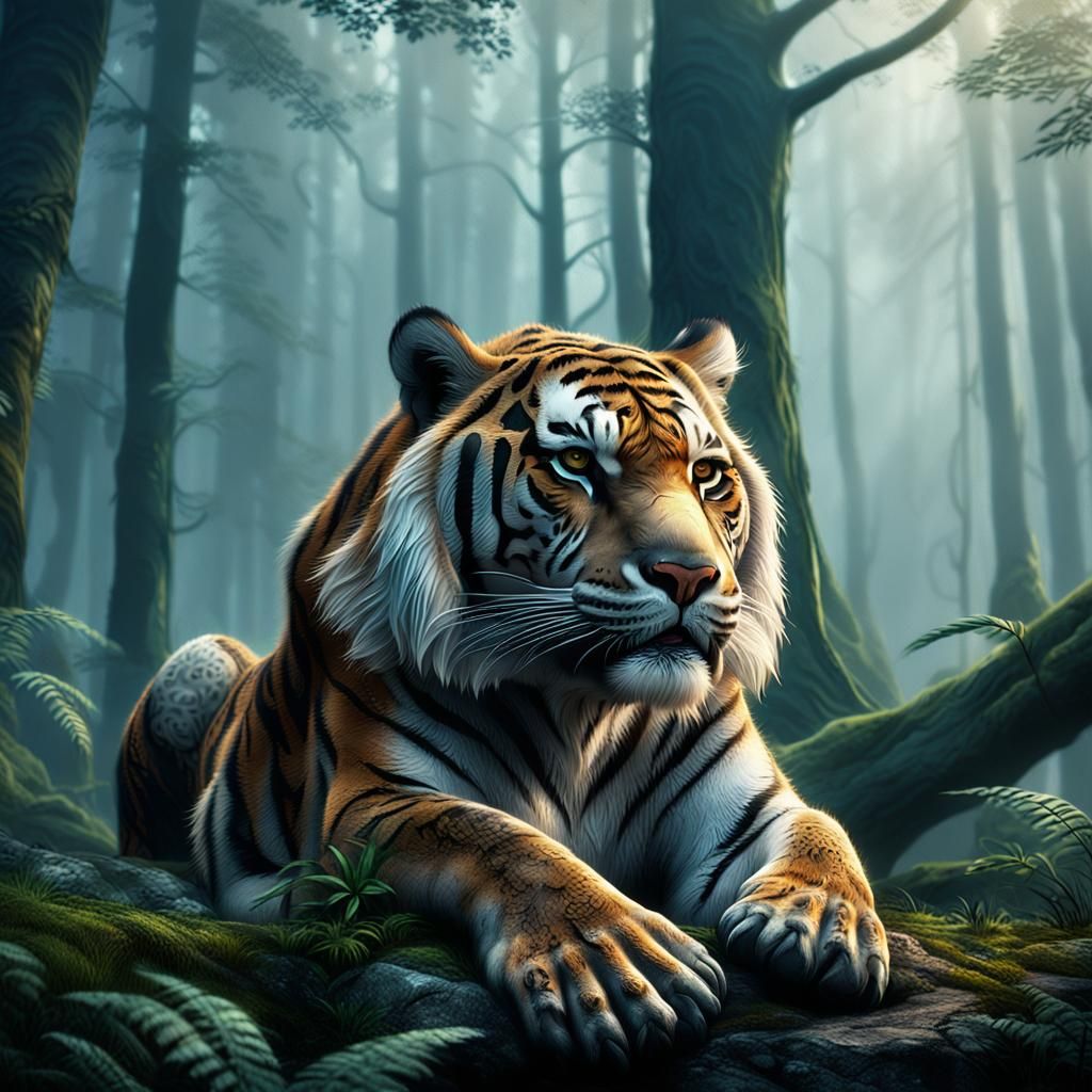 Resting Saber-Toothed Tiger in Misty Forest
