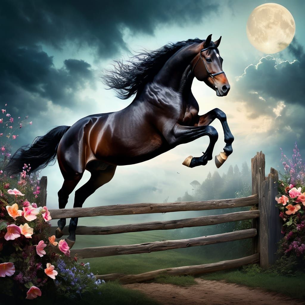 A black Horse in jumping over a fence