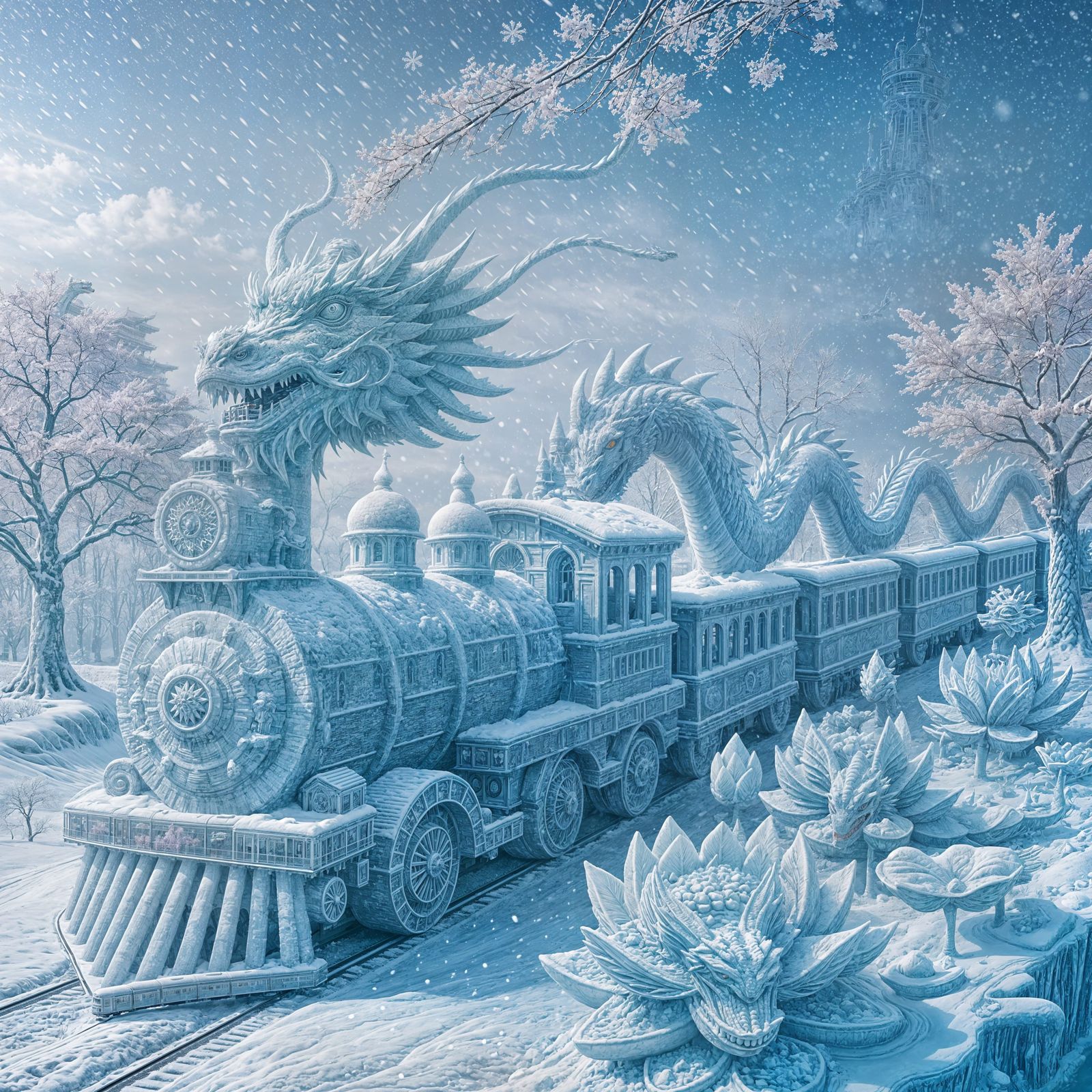 In the distance A ice dragon head on the front of a ice train, pulling behind ice dragon body parts like ...  by @Rustybandit 