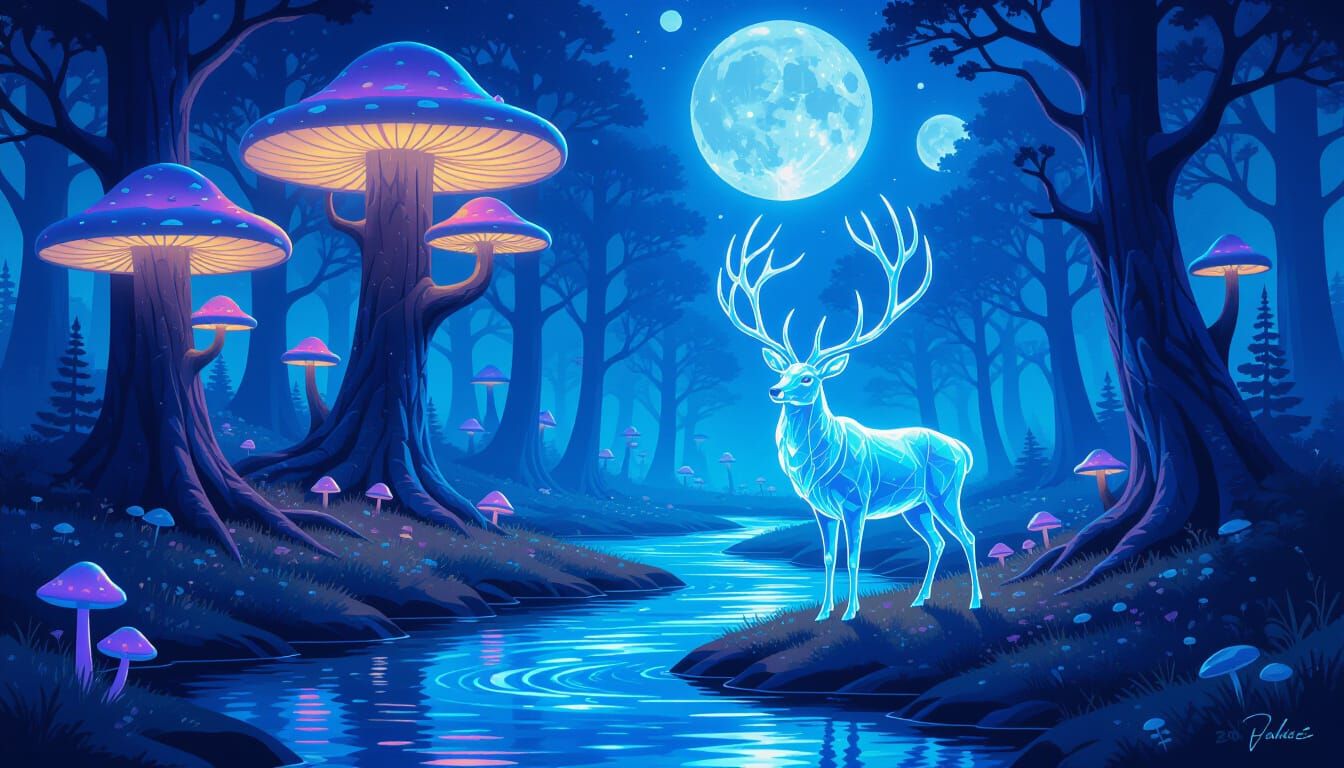 Ethereal Forest with Moonlight River and Crystal Stag