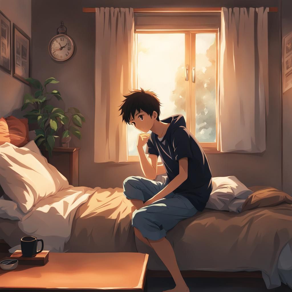 Boy wakes up in the morning anime style image