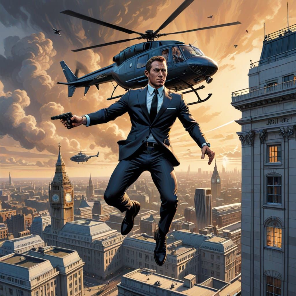 Teenage James Bond jumping out of helicopter   by @Howardthe_duck