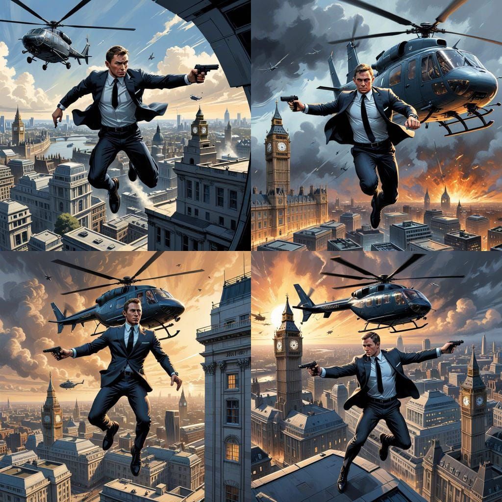 Teenage James Bond jumping out of helicopter.