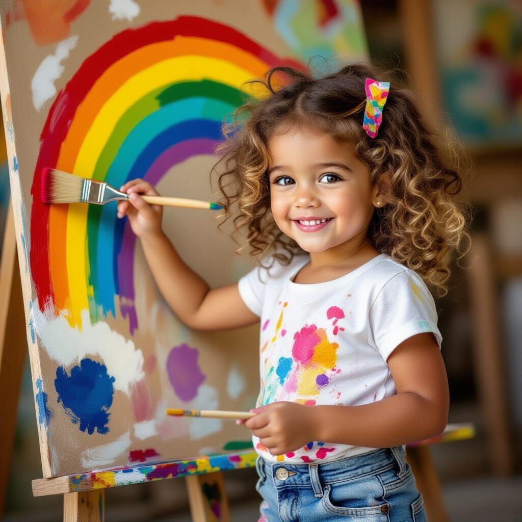 Joyful Girl Paints Rainbow Mural in Impressionist Style