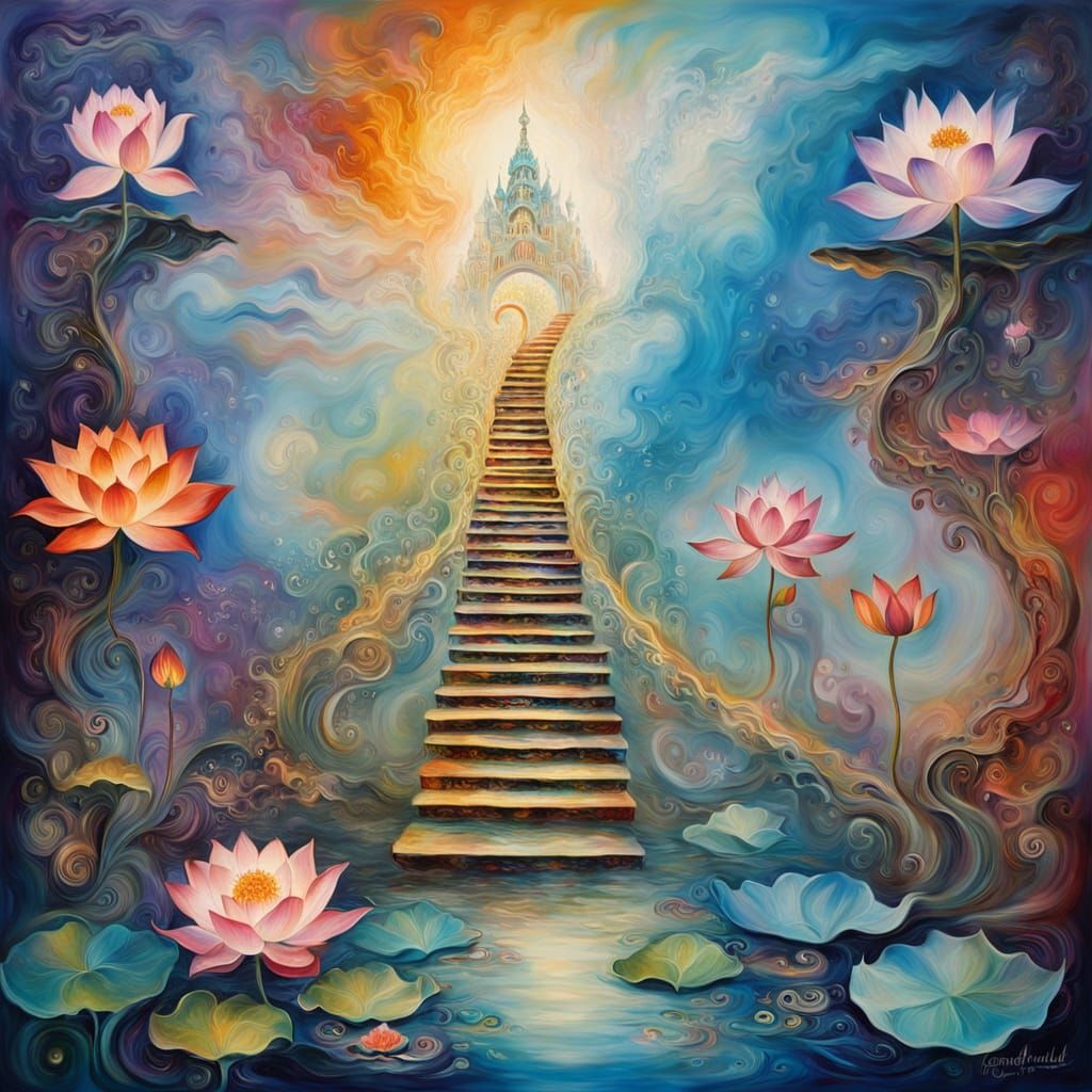 Surreal Ladder to Nirvana in Vibrant Oil Painting