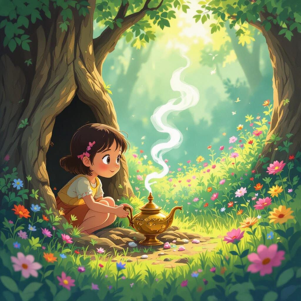 Young Girl's Magical Journey with a Genie in a Vibrant Fores...