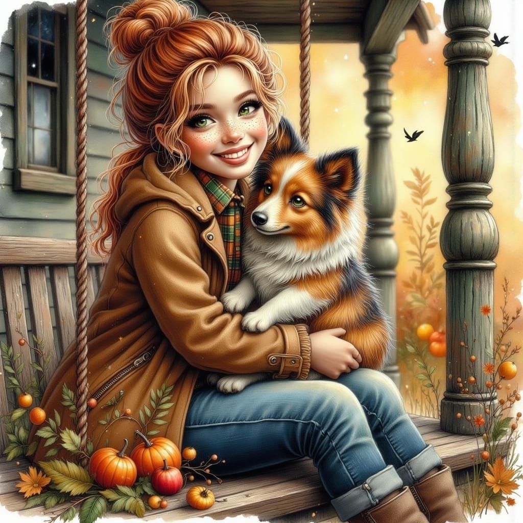 watercolor, 4k resolution, oil blend, air brushed, ultra-detailed image of a beautiful young girl with light auburn hair in fishnet braids, ...