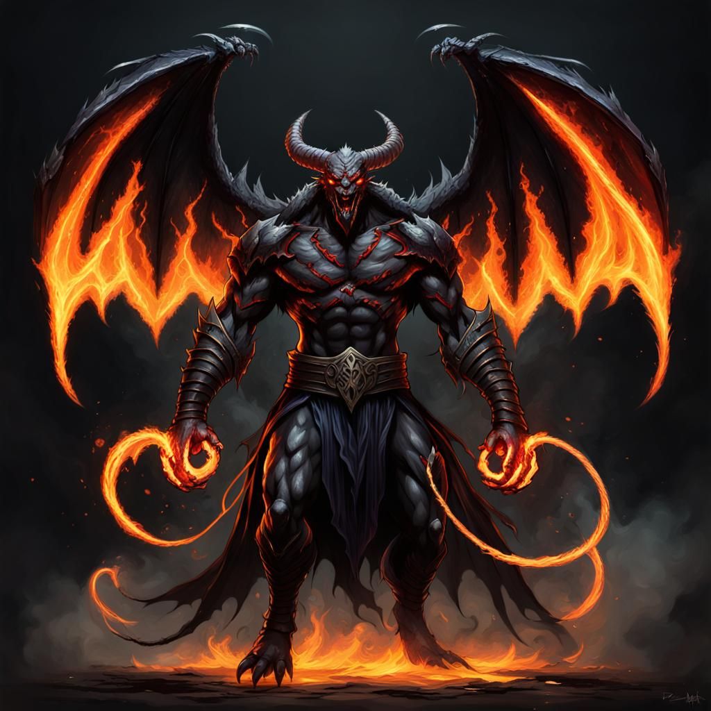 A full body shot of a feral balor balrog demon with bat wings and a ...